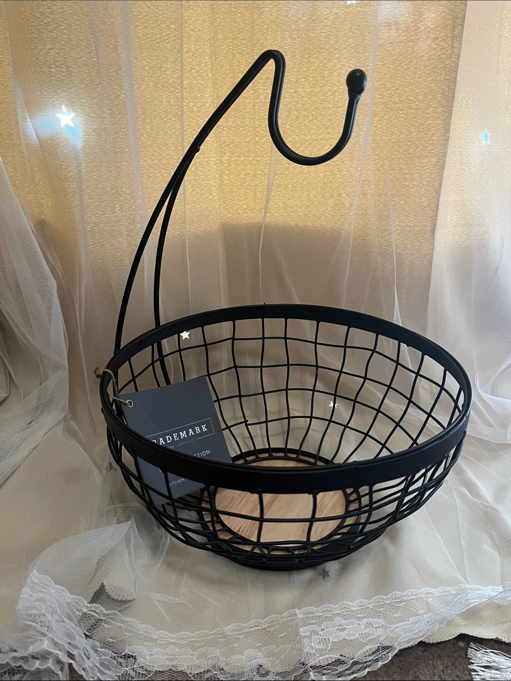 Black Wire Hanging Basket with Wooden Base -